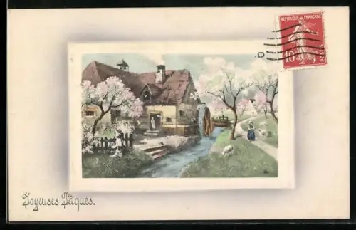 Künstler-AK V.K., Vienne Nr. 4069: Mädchen mit Lämmern an Wassermühle, Ostergruss