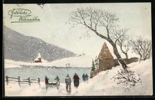 Künstler-AK V.K., Vienne Nr. 5212: Menschen in winterlicher Landschaft, Weihnachtsgruss