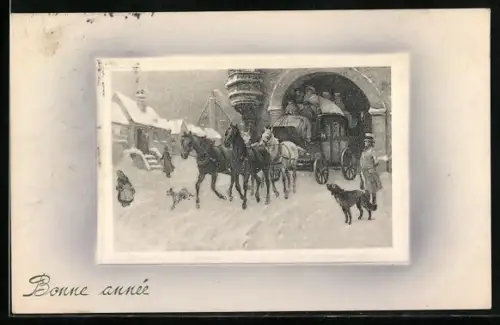 Künstler-AK V.K., Vienne Nr. 5071: Pferdewagen am Tor im Winter, Neujahrsgruss