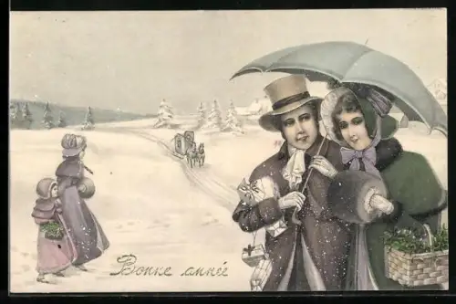 Künstler-AK V.K., Vienne Nr. 5200: Paar in Winterlandschaft, Im Hintergrund Pferdeschlitten, Neujahrsgruss