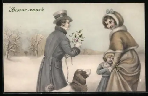 Künstler-AK V.K., Vienne Nr. 5003 /a: Familie mit Hund in Winterlandschaft, Neujahrsgruss