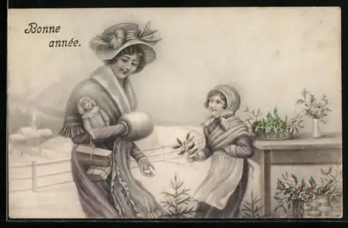 Künstler-AK V.K., Vienne Nr. 5003 /a: Mutter und Tochter mit Puppe und Mistelzweig im Arm