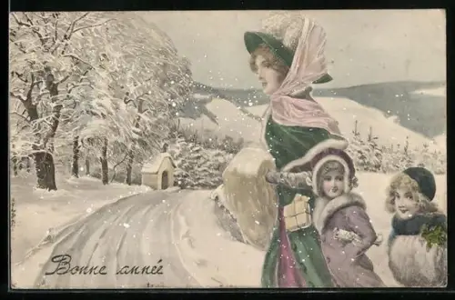 Künstler-AK V.K., Vienne Nr. 5305: Frau mit Kindern in Winterlandschaft, Neujahrsgruss