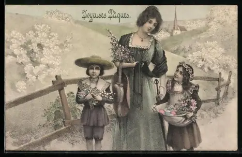 Künstler-AK V.K., Vienne Nr. 4103: Frau und Kinder mit Osterkorb, Im Hintergrund Kirche, Ostergruss