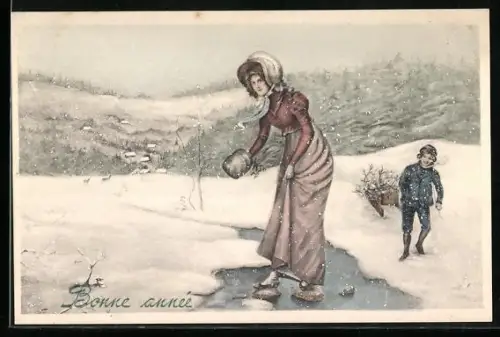 Künstler-AK V.K., Vienne Nr. 5100: Paar mit Schlitten am Bach, Neujahrsgruss