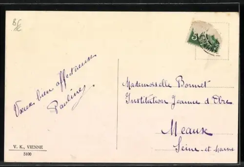 Künstler-AK V.K., Vienne Nr. 5100: Paar mit Schlitten am Bach, Neujahrsgruss