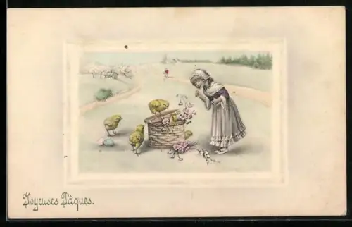 Künstler-AK V.K., Vienne Nr. 4070: Fräulein mit Osterküken am Korb, Ostergruss