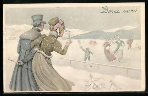Künstler-AK V.K., Vienne Nr. 5131: Paar schaut Eisläuferinnen zu, Neujahrsgruss