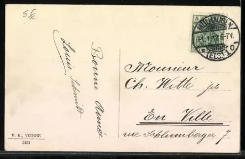 Künstler-AK V.K., Vienne Nr. 5131: Paar schaut Eisläuferinnen zu, Neujahrsgruss