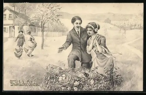 Künstler-AK V.K., Vienne Nr. 4163: Paar mit Osterküken, Ostergruss