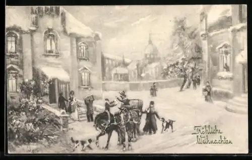 Künstler-AK V.K., Vienne Nr. 5102: Pferdewagen auf verschneiter Strasse, Weihnachtsgruss