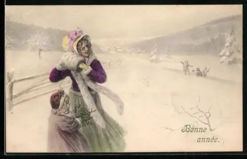 Künstler-AK V.K., Vienne Nr. 5000 /a: Frau mit Tochter schaut Kindern beim Spielen im Schnee zu