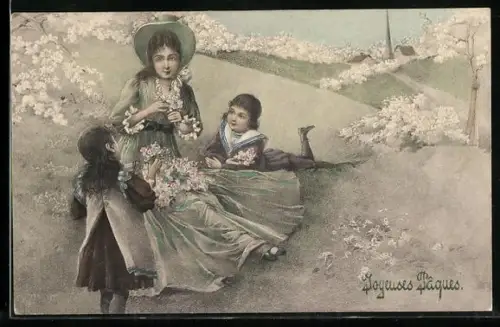 Künstler-AK V.K., Vienne Nr. 4103: Frau mit Kindern auf Blumenwiese, Ostergruss