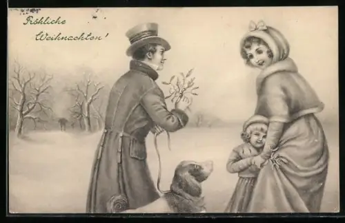Künstler-AK V.K., Vienne Nr. 5003 /a: Familie mit Hund in Winterlandschaft, Weihnachtsgruss