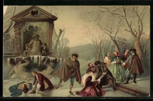 Künstler-AK Stengel & Co. Nr. 29466: Winter, Schlittschuhläufer auf gefrorenem Brunnen gemalt von Lancret