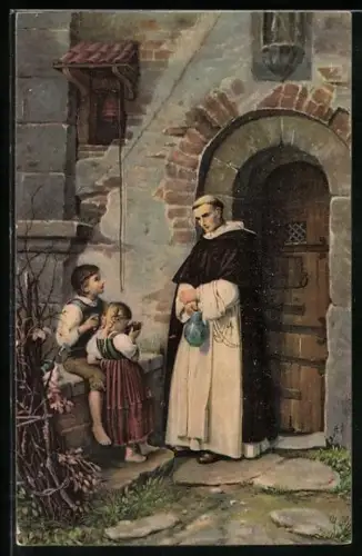 Künstler-AK Stengel & Co. Nr. 29322: An der Klosterpforte, Mönch reicht Kindern eine Schale Wasser