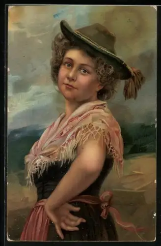 Künstler-AK Stengel & Co. Nr. 28982: Junge Frau im Dirndl mit Hut