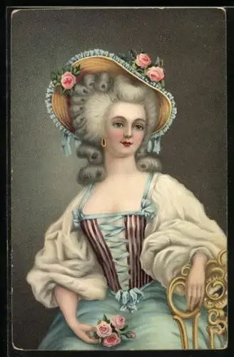 Künstler-AK Dame mit Strohhut und Rosen, Jugendstil