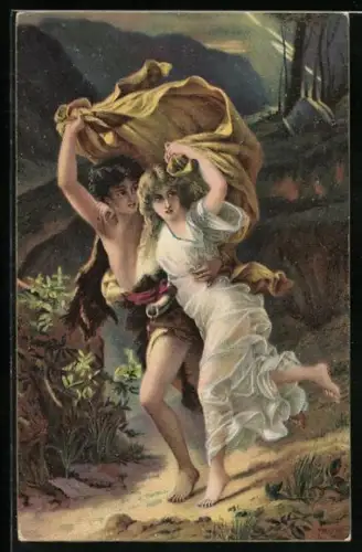 Künstler-AK Stengel & Co. Nr. 29164: Der Sturm, Liebespaar sucht Schutz vor Gewitter