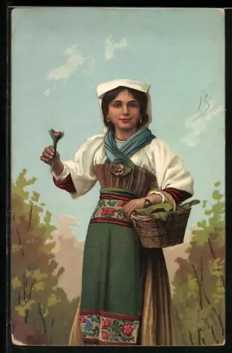 AK Italienerin in Tracht hält Korb und Blume in den Händen
