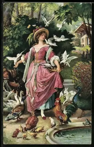 Künstler-AK Hermann Kaulbach: Lily`s Park, junge Dame im rosafarbenen Kleid beim Füttern der Tauben