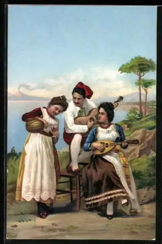 AK Italienische Anwohner musizieren bei Wein in Trachtenkleidung