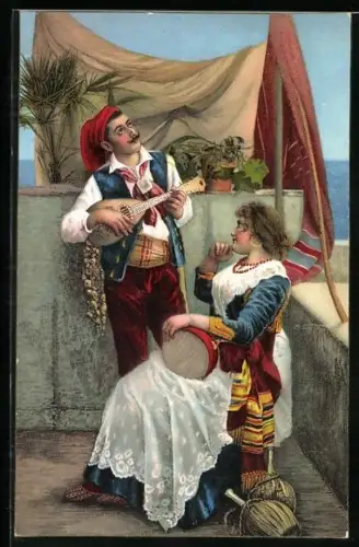 AK Italienischer junger Mann spielt seiner Liebsten auf einem Saiteninstrument etwas vor