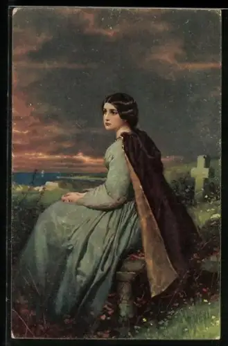Künstler-AK Stengel & Co. Nr. 29083: Verlassen, Junge Frau auf einem Friedhof