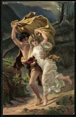 Künstler-AK Stengel & Co. Nr. 29164: Der Sturm, Liebespaar sucht Schutz vor Gewitter