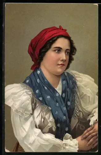 Künstler-AK Stengel & Co. Nr. 19832: Junge Frau in Tracht mit gepunktetem Schal