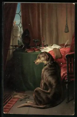 AK Jagdhund sitzend am Stuhl seines Jägers