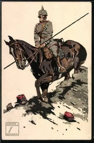 Künstler-AK Ludwig Hohlwein: Soldat mit Pickelhaube zu Pferd, Feind liegt am Boden