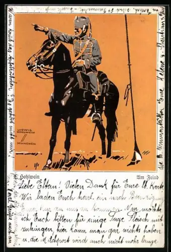 Künstler-AK Ludwig Hohlwein: Husar zu Pferd am Feind