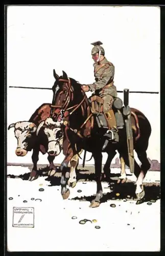 Künstler-AK Ludwig Hohlwein: Ulan treibt konfisziertes Vieh vor sich her
