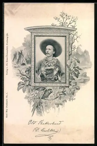 AK Karl May als Cowboy mit Ara auf einer Liane