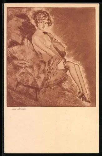 Künstler-AK Max Brüning: Das Modell, Schönheit mit nackten Brüsten sitzt auf einem Sessel, Erotik