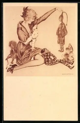 Künstler-AK Max Brüning: Puppen, Anmutige Blondine beim Puppenspielen