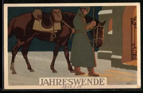 Künstler-AK W.I.: Jahreswende, Kavallerist mit seinem treuen Pferd im Schnee