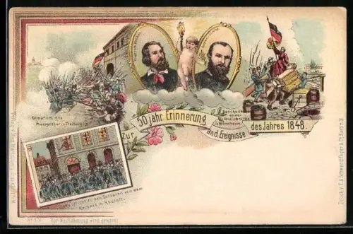 Lithographie 50. jähr. Erinnerung an d. Ereignisse des Jahres 1848, Barrikade an der Rheinbrücke, Kampf um d. Pragerthor