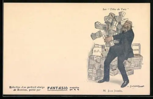 Künstler-AK sign. Adrien Barrère: Mann mit vielen Zetteln in den Armen, Fantasio magazine