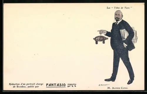 Künstler-AK sign. Adrien Barrère: Mann im Anzug mit Monokel und Akten