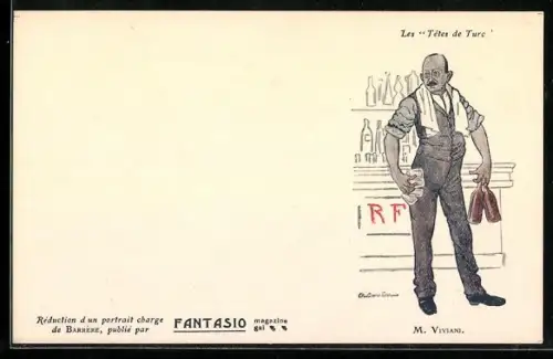 Künstler-AK sign. Adrien Barrère: Mann mit zwei Flaschen und vier Gläsern in den Händen