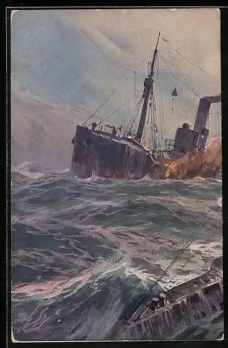 Künstler-AK Willy Stoewer: U-Boot hat ein Transportschiff in Brand geschossen