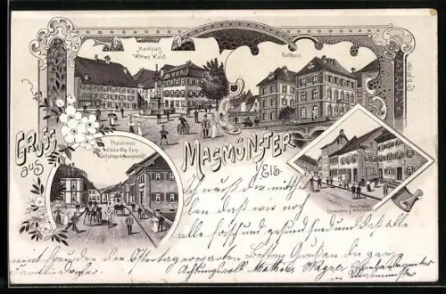 Lithographie Masmünster i. Els., Restaurant z. roten Ochsen in der Hauptgasse, Marktplatz Witwe Walch, Thalstrasse