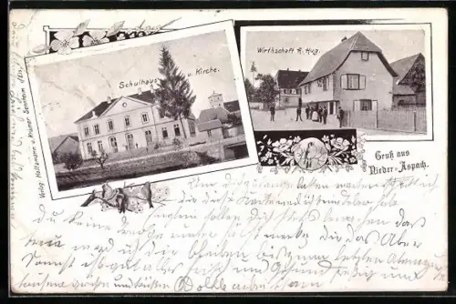 AK Nieder-Aspach, Gasthof A. Hug., Schulhaus und Kirche