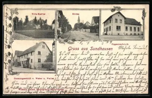 AK Sundhausen, Villa Kastler, Consumgeschäft v. Weber u. Walter, Cigarrenfabrik und Kirche