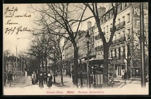 AK Metz, Römer-Allee mit Strassenbahn, Avenue Serpenoise
