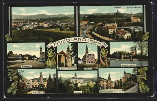 AK Friedland i. Böhm., Marktplatz, Rathaus, Evangelische Kirche, Schloss und Schlosshof