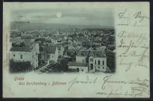 Mondschein-AK Reichenberg i. Böhmen, Totalansicht