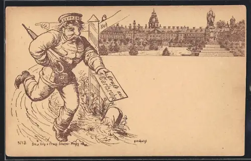 Lithographie Carlsruhe, Blick zum Schloss, Briefträger mit Schirm, frühe Franz-Scheiner-Lithographie